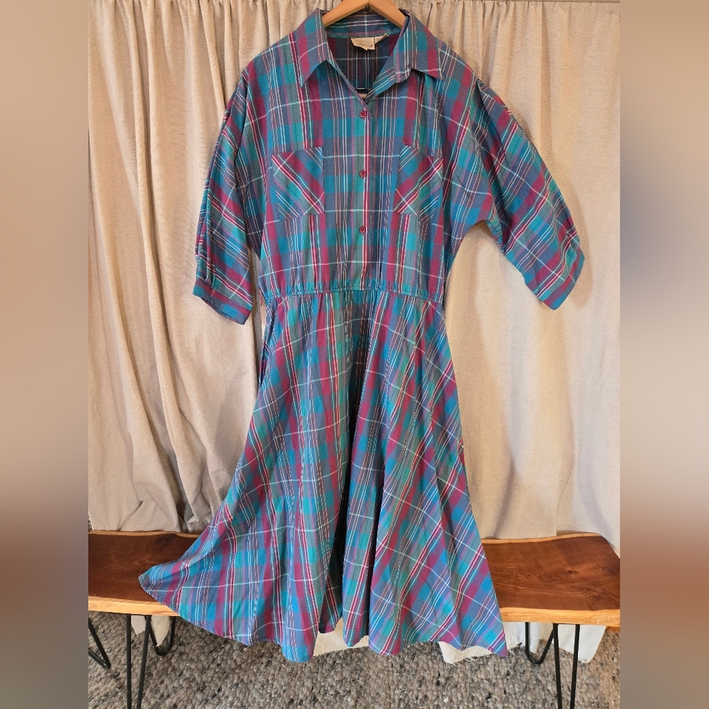 Vintage Elegant Plaid Long Sleeve Dress in Blue and Pink